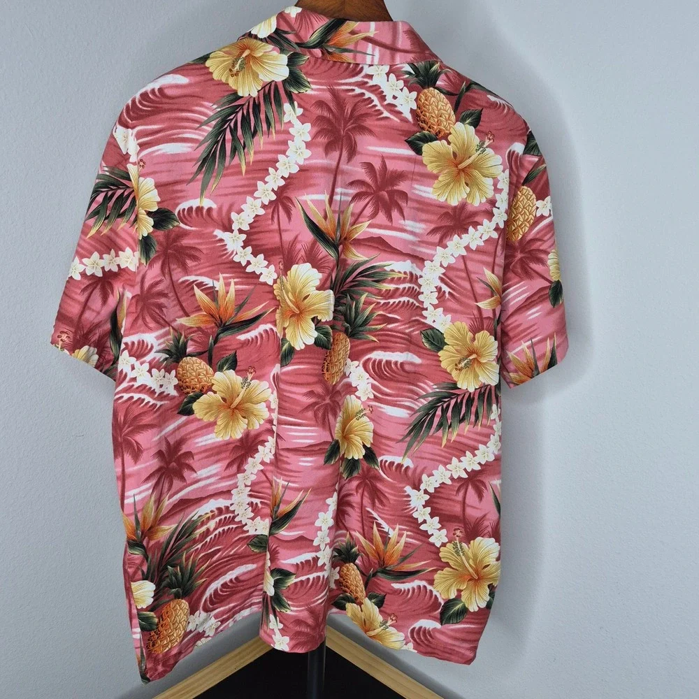 Hilo Hattie Vintage Hawaiian Shirt Mens Large Pink Pineapple Hibiscus Cotton